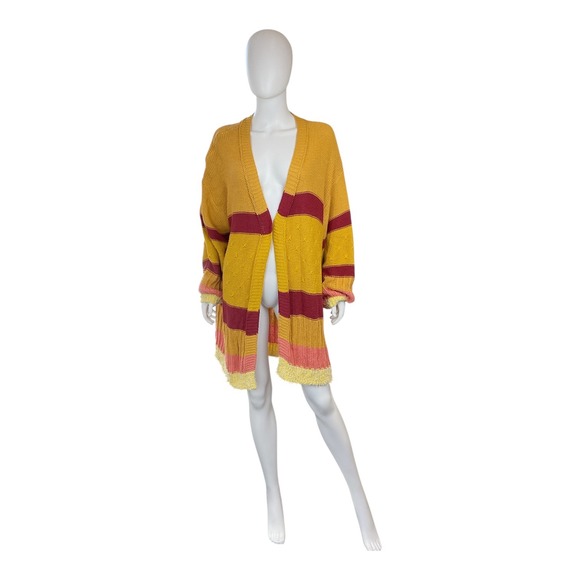 Umgee Yellow Knit Duster Cardigan Striped Open Front Bohemian Sweater - Picture 4 of 11